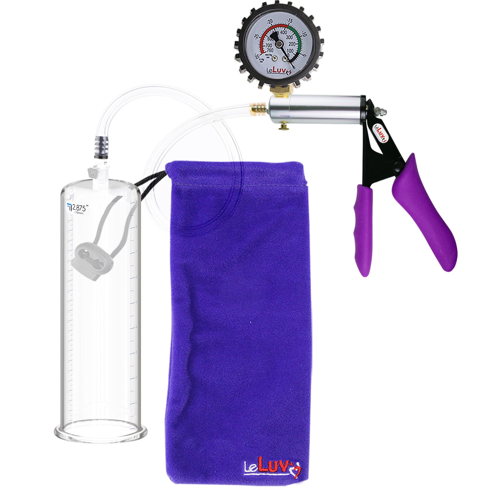 Silver Ultima Penis Pump | Purple Silicone Grip, Clear Hose + Protected Gauge | 9" Length 2.875" Cylinder Diameter