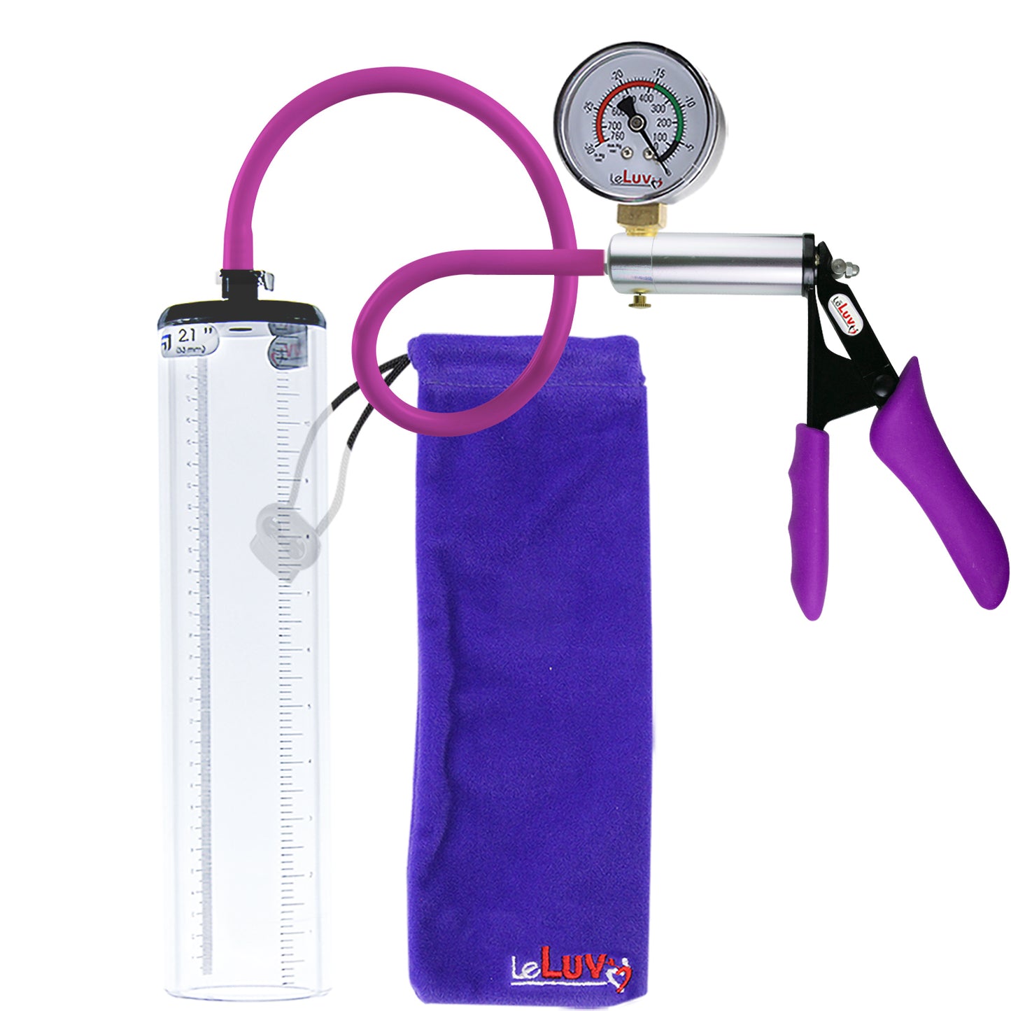 Ultima Silver Purple Penis Pump | Silicone Grip, Silicone Hose + Gauge | 12" x 2.1" Thick-Walled Cylinder