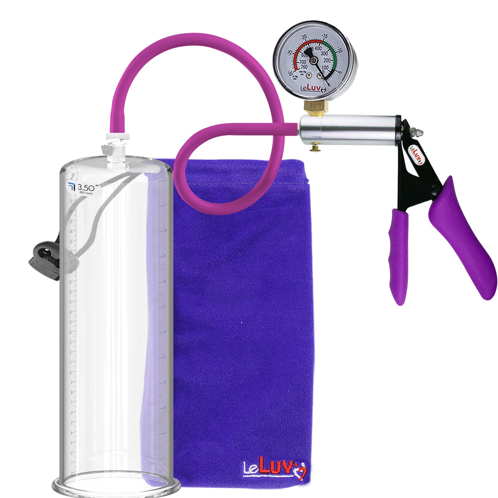 Ultima Silver Purple Penis Pump | Silicone Grip, Silicone Hose + Gauge | 12" Length x 3.50" Cylinder Diameter