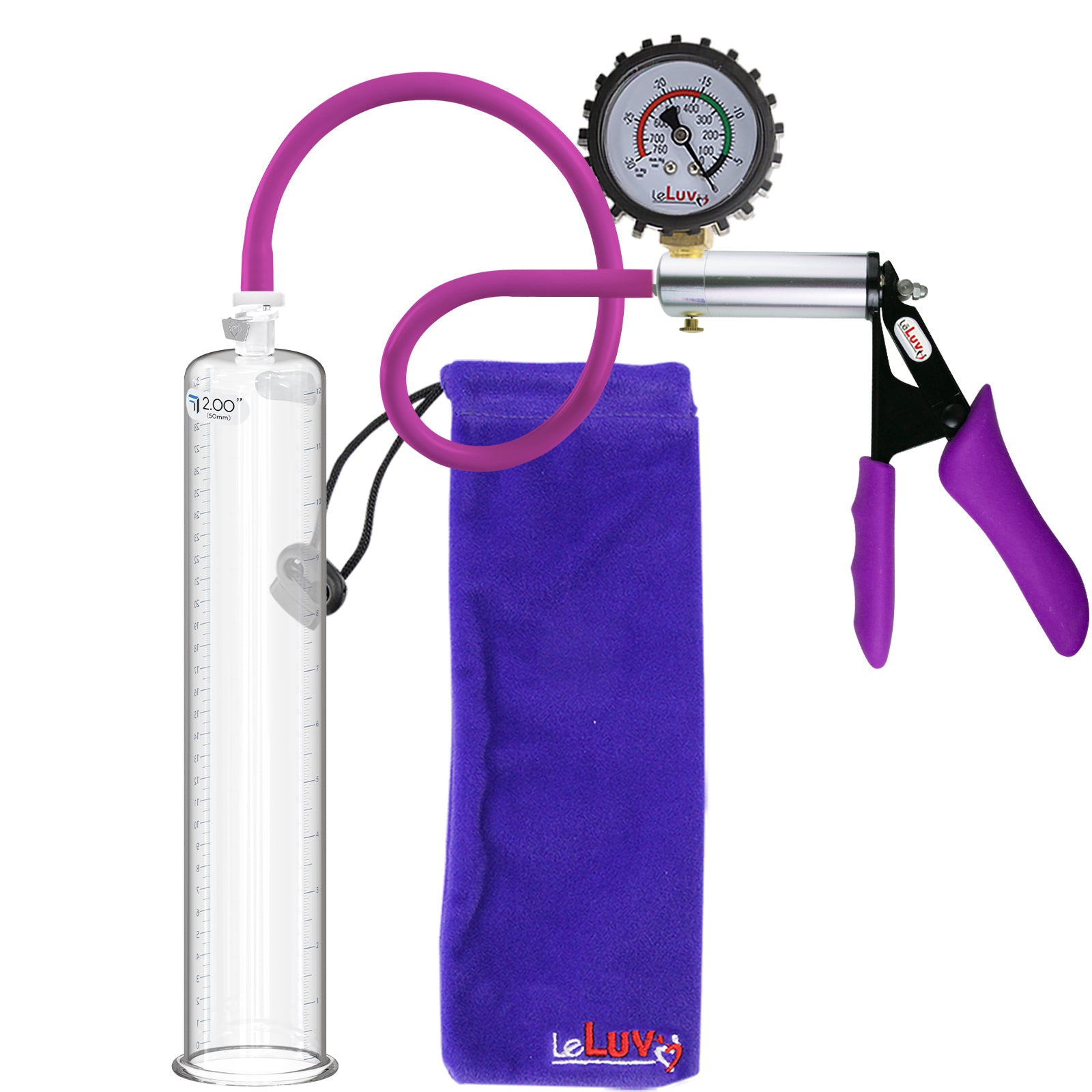 Ultima Silver Purple Penis Pump | Silicone Grip, Silicone Hose + Protected Gauge | 12" Length 2.00" Cylinder Diameter