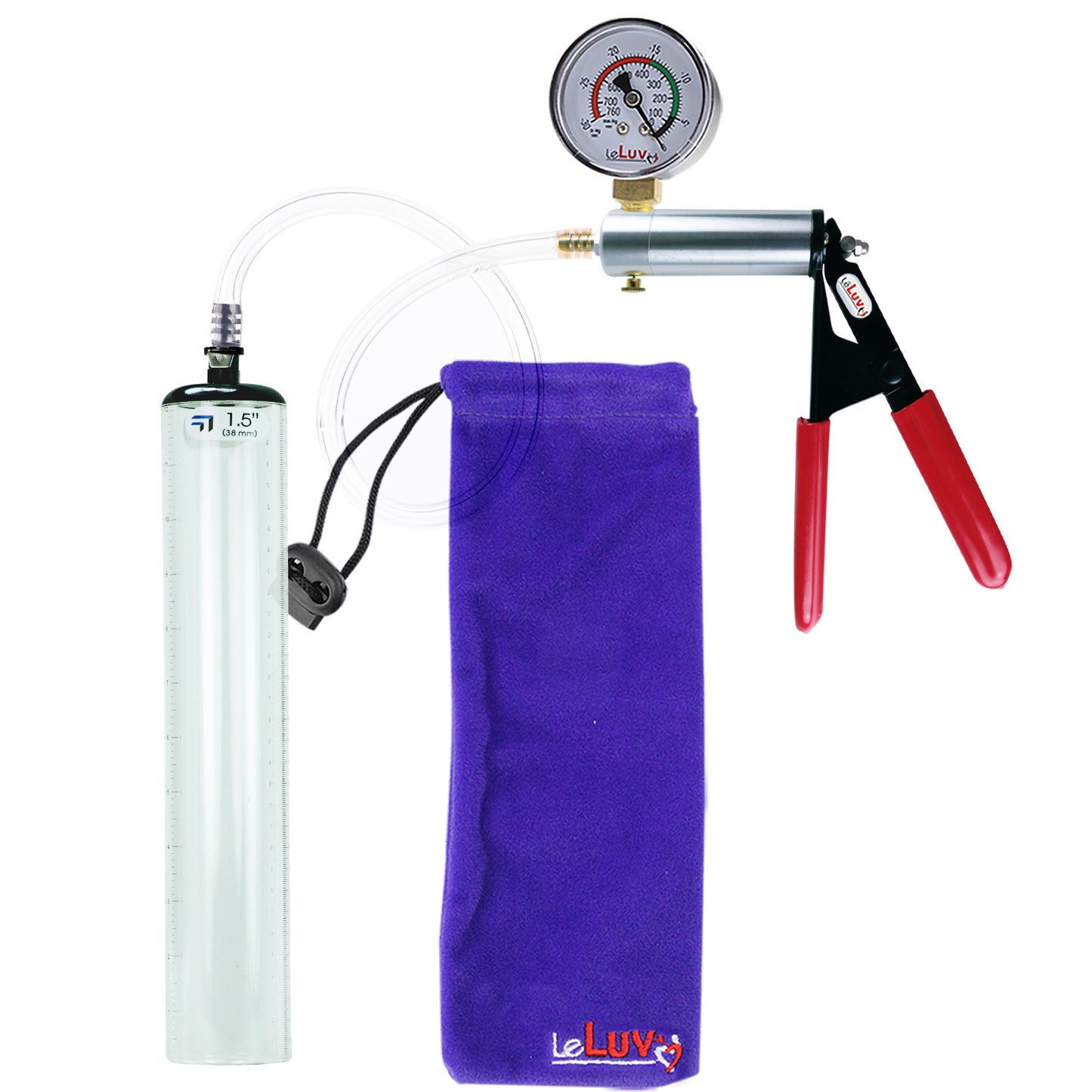 Ultima Silver Red Penis Pump | Rubber Grip, Clear Hose + Gauge | 12" x 1.5" Thick-Walled Cylinder