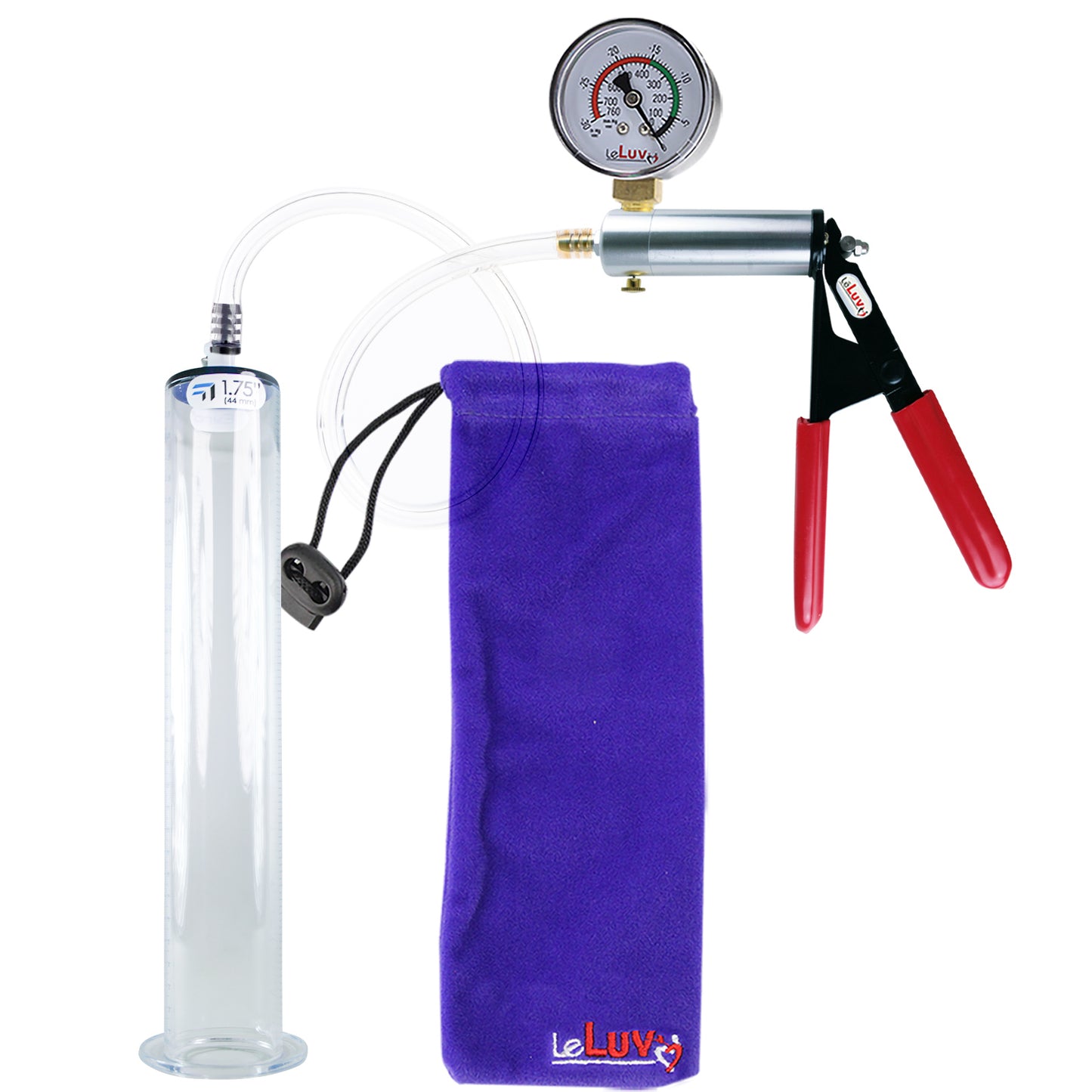 Ultima Silver Red Penis Pump | Rubber Grip, Clear Hose + Gauge | 12" x 1.75" Wide Flange Cylinder