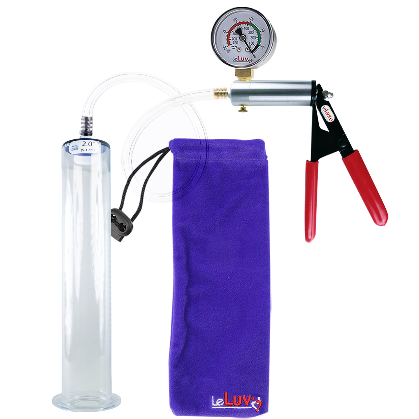 Ultima Silver Red Penis Pump | Rubber Grip, Clear Hose + Gauge | 12" x 2.00" Wide Flange Cylinder