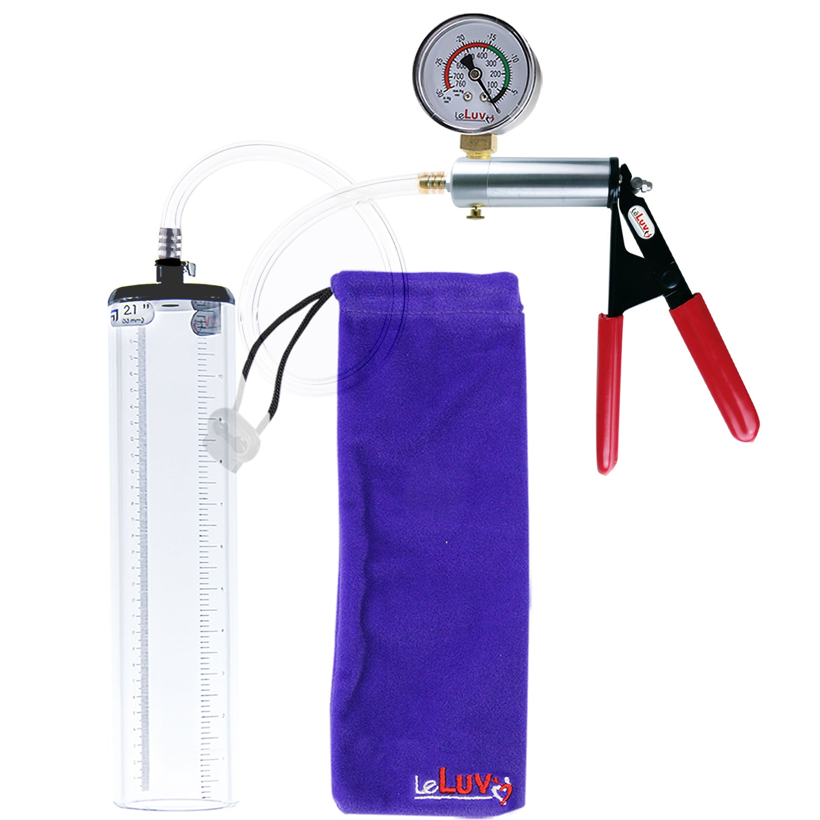 Ultima Silver Red Penis Pump | Rubber Grip, Clear Hose + Gauge | 12" x 2.1" Thick-Walled Cylinder