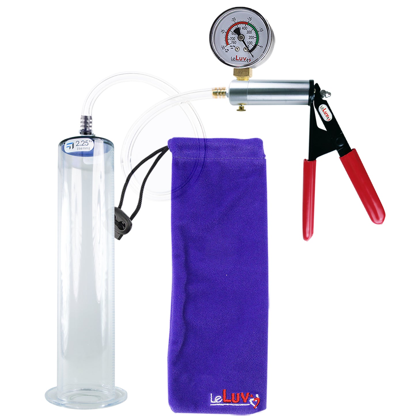 Ultima Silver Red Penis Pump | Rubber Grip, Clear Hose + Gauge | 12" x 2.25" Wide Flange Cylinder