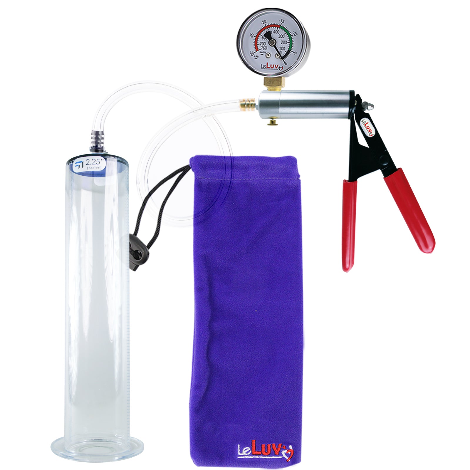 Ultima Silver Red Penis Pump | Rubber Grip, Clear Hose + Gauge | 12" x 2.25" Wide Flange Cylinder