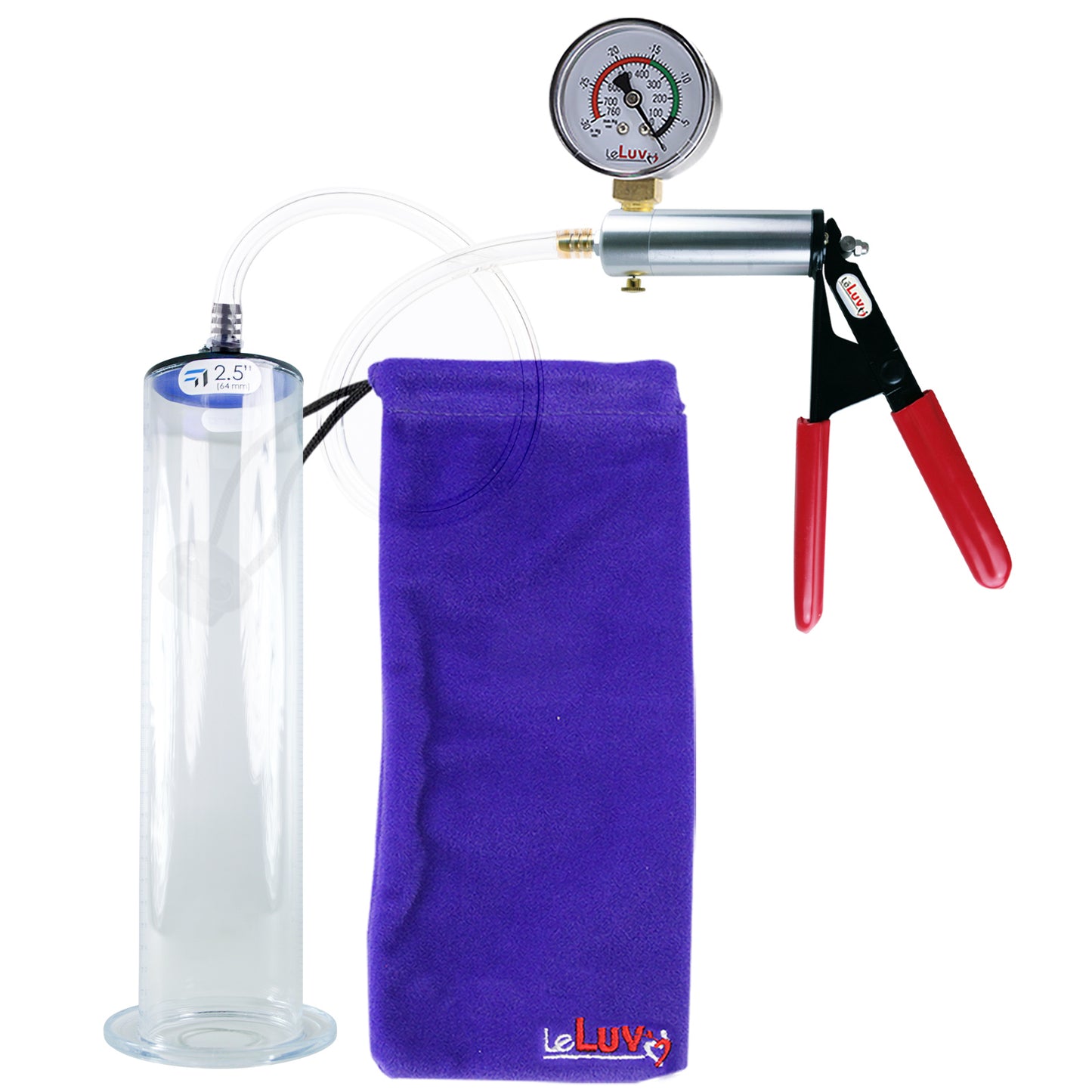 Ultima Silver Red Penis Pump | Rubber Grip, Clear Hose + Gauge | 12" x 2.50" Wide Flange Cylinder