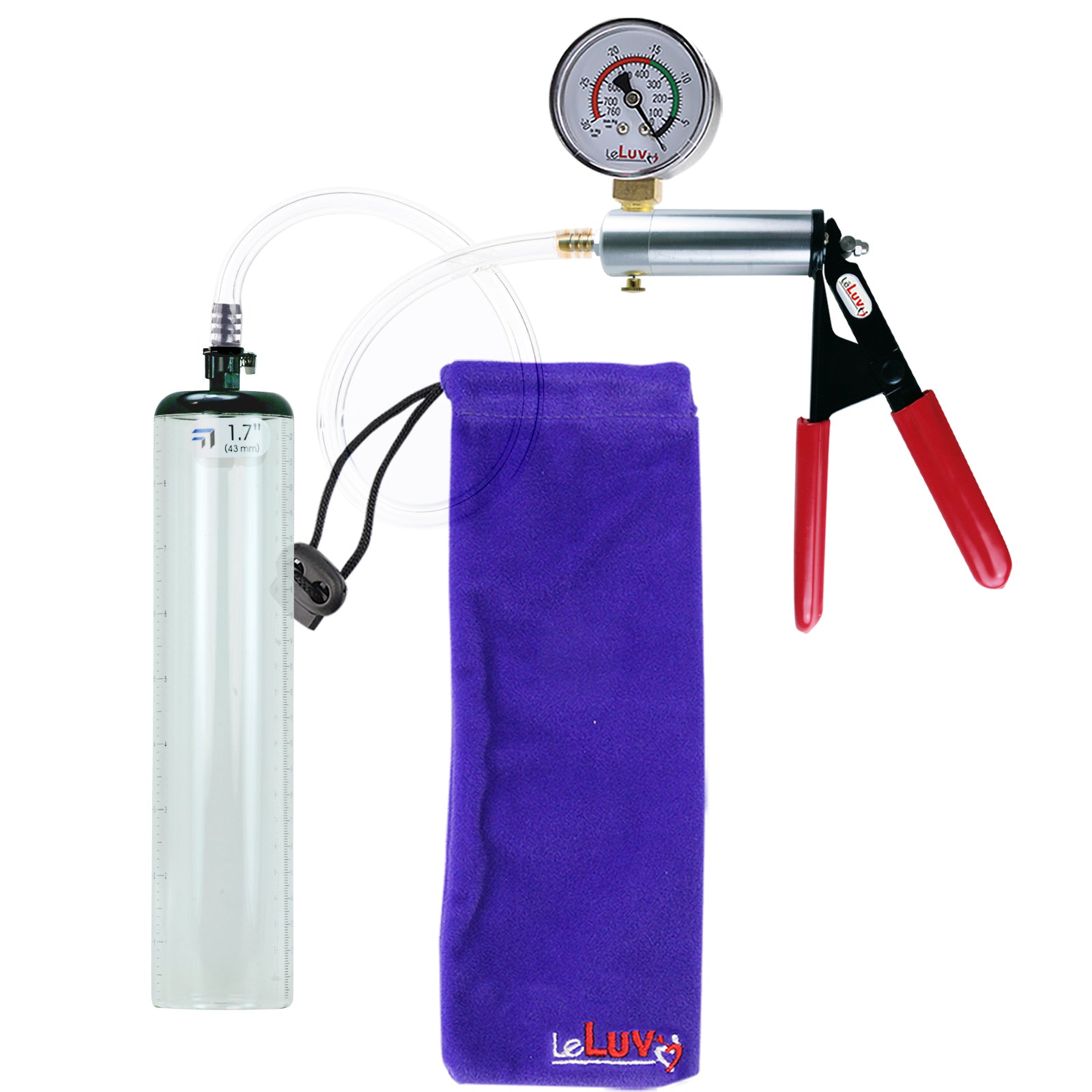Ultima Silver Red Penis Pump | Rubber Grip, Clear Hose + Gauge | 9" x 1.7" Thick-Walled Cylinder