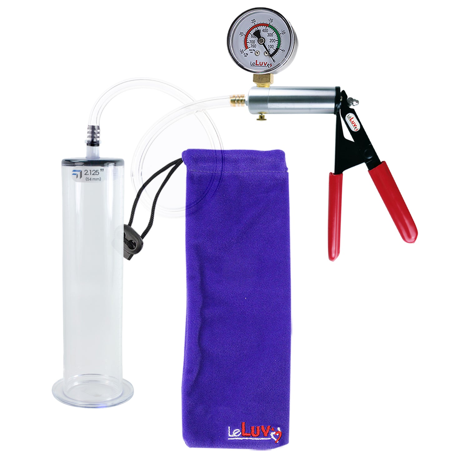 Ultima Silver Red Penis Pump | Rubber Grip, Clear Hose + Gauge | 9" x 2.125" Wide Flange Cylinder