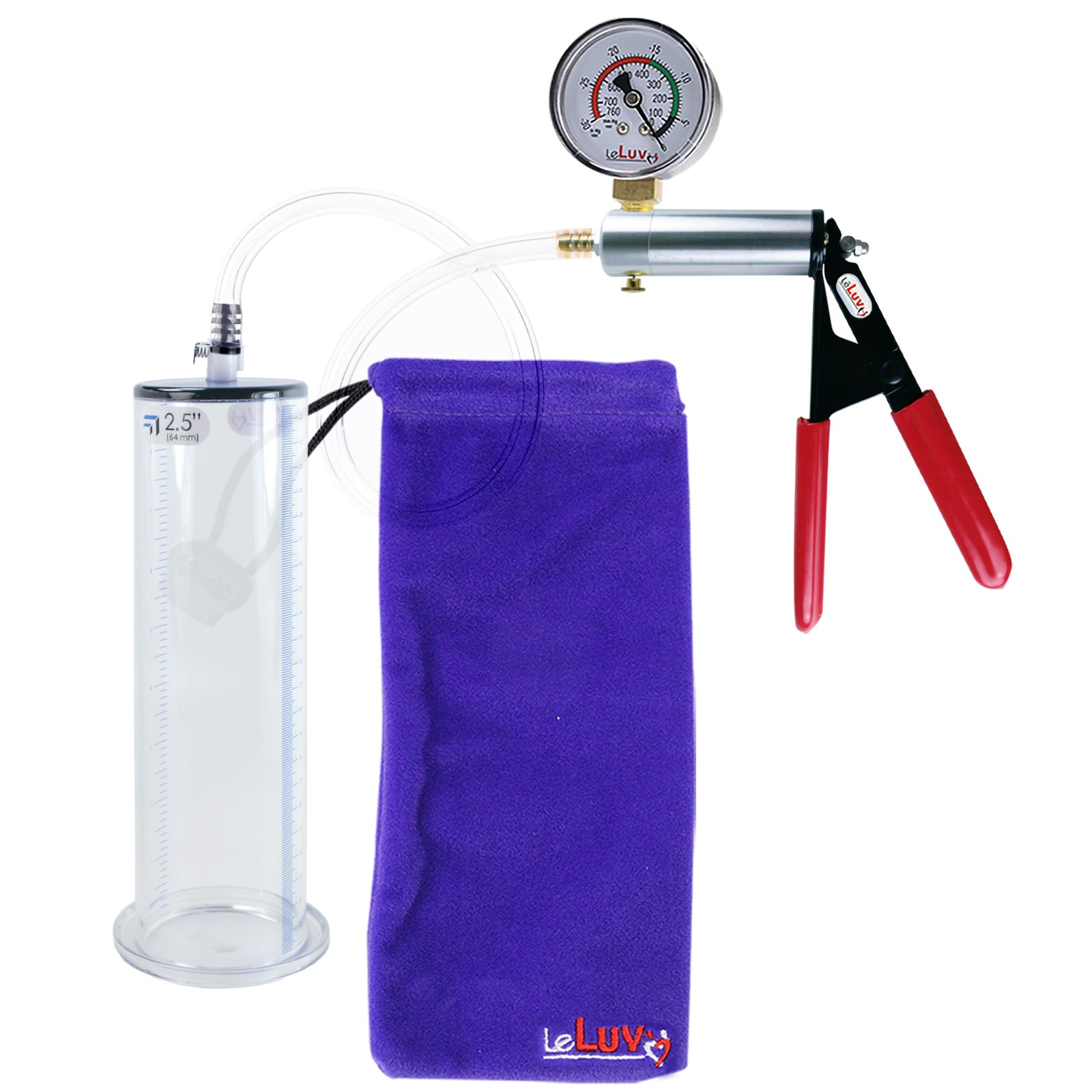 Ultima Silver Red Penis Pump | Rubber Grip, Clear Hose + Gauge | 9" x 2.50" Wide Flange Cylinder