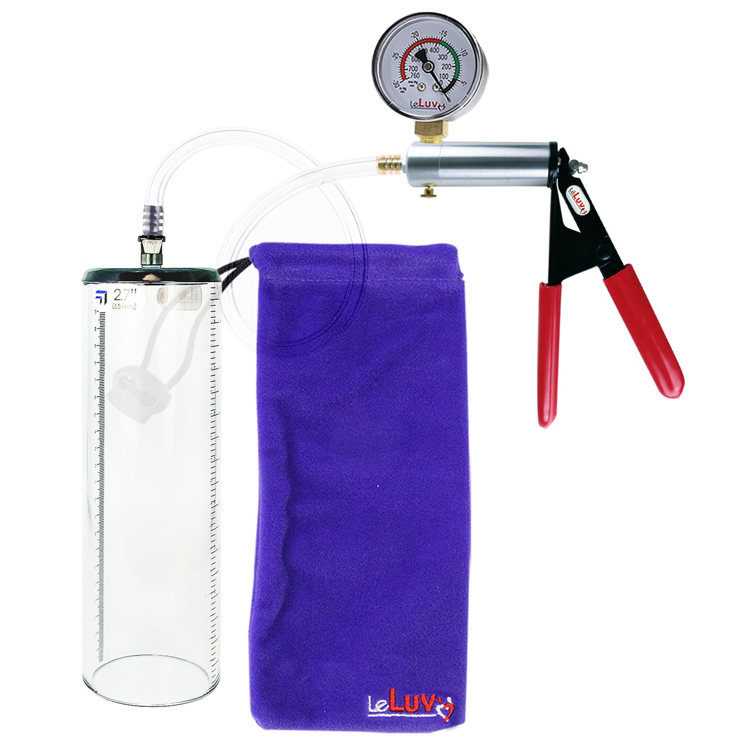 Ultima Silver Red Penis Pump | Rubber Grip, Clear Hose + Gauge | 9" x 2.7" Thick-Walled Cylinder