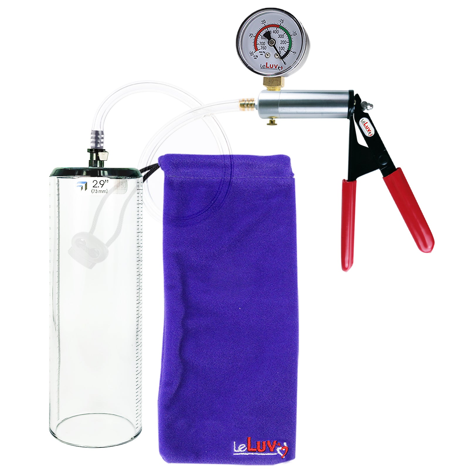 Ultima Silver Red Penis Pump | Rubber Grip, Clear Hose + Gauge | 9" x 2.9" Thick-Walled Cylinder