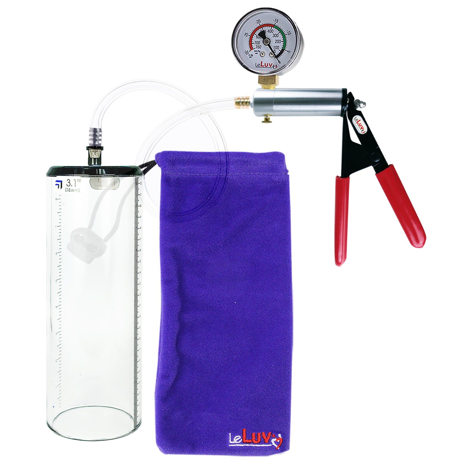 Ultima Silver Red Penis Pump | Rubber Grip, Clear Hose + Gauge | 9" x 3.1" Thick-Walled Cylinder