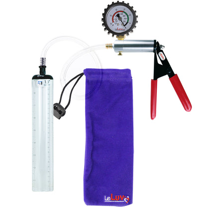 Ultima Silver Red Penis Pump | Rubber Grip, Clear Hose + Protected Gauge | 9" x 1.3" Thick-Walled Cylinder