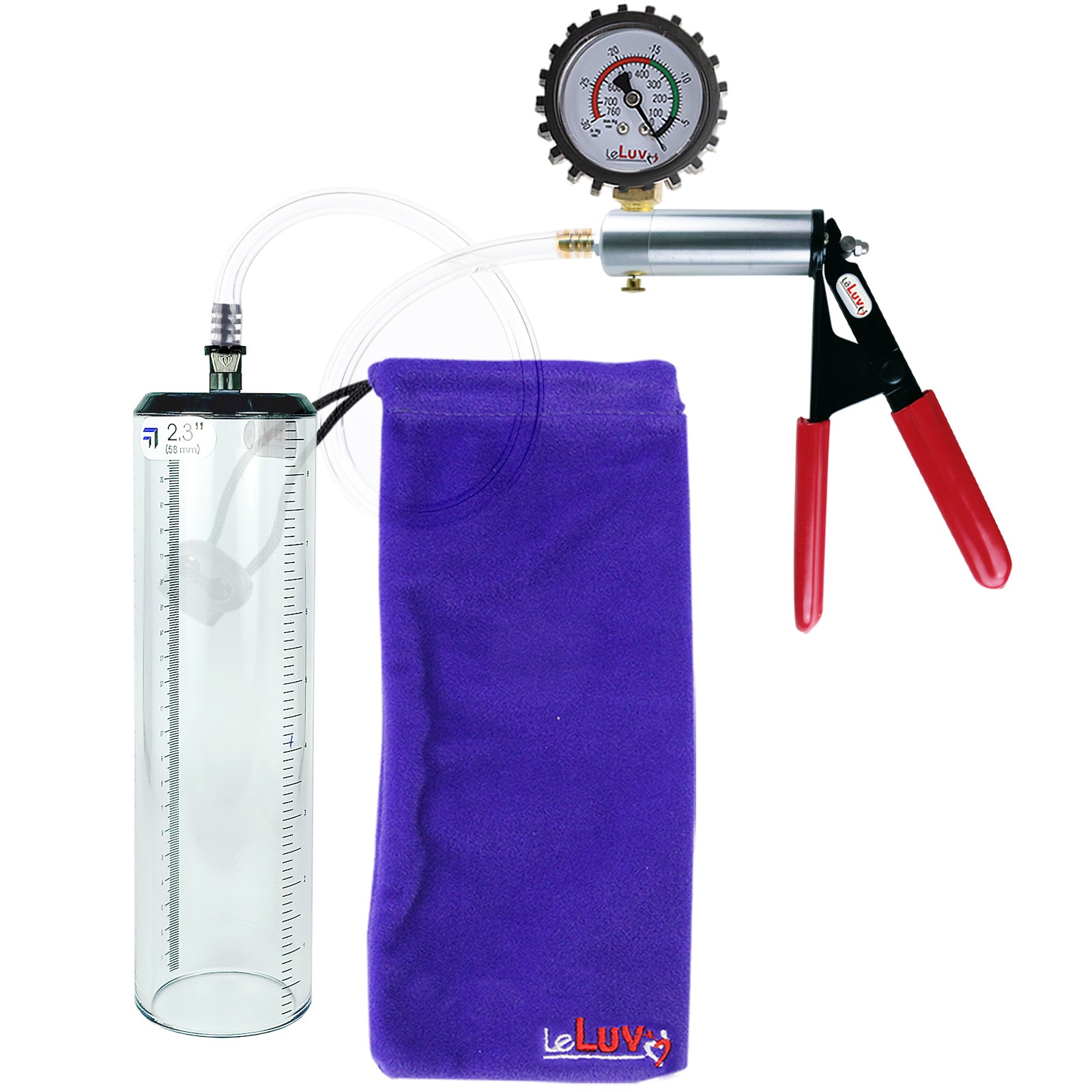 Ultima Silver Red Penis Pump | Rubber Grip, Clear Hose + Protected Gauge | 9" x 2.3" Thick-Walled Cylinder