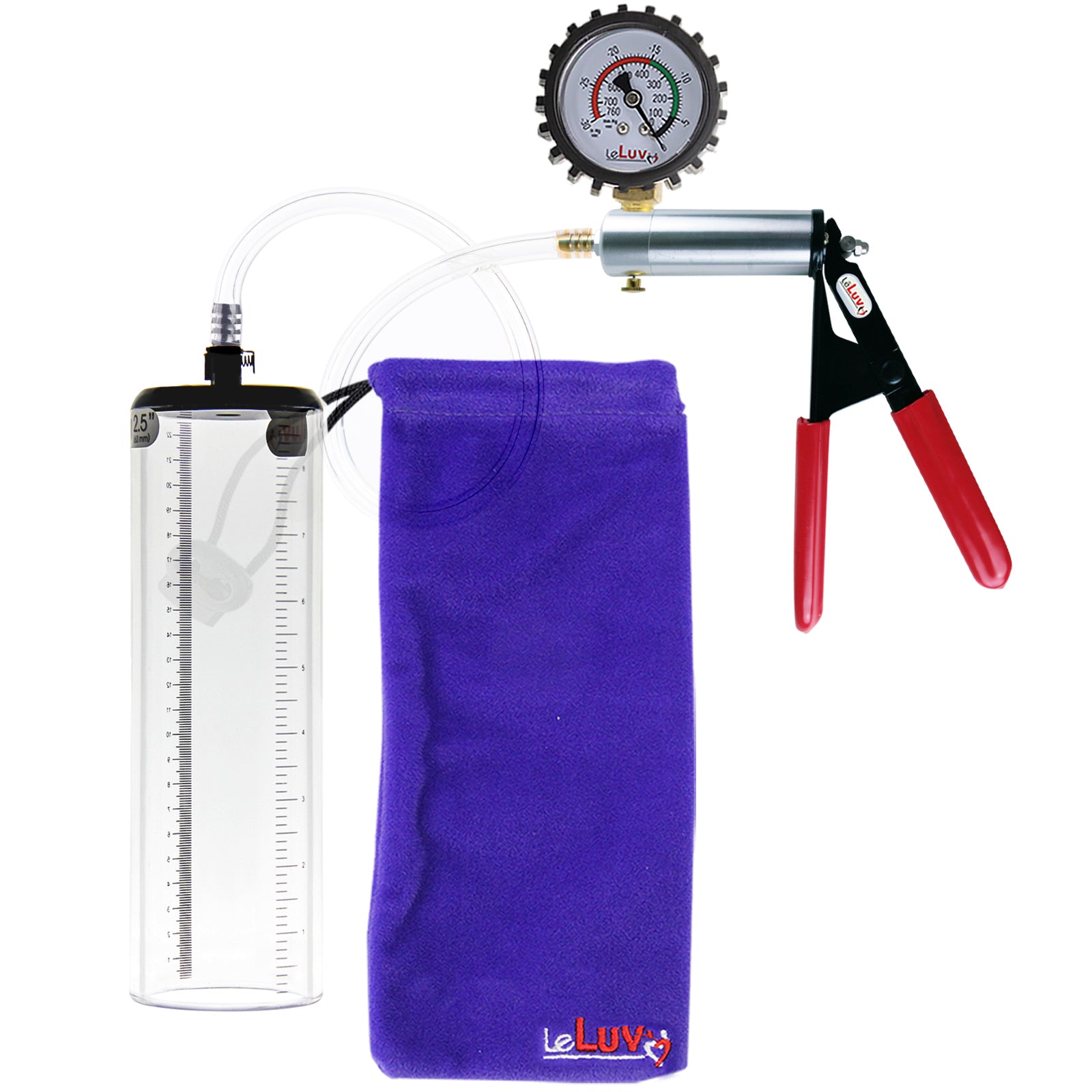 Ultima Silver Red Penis Pump | Rubber Grip, Clear Hose + Protected Gauge | 9" x 2.5" Thick-Walled Cylinder