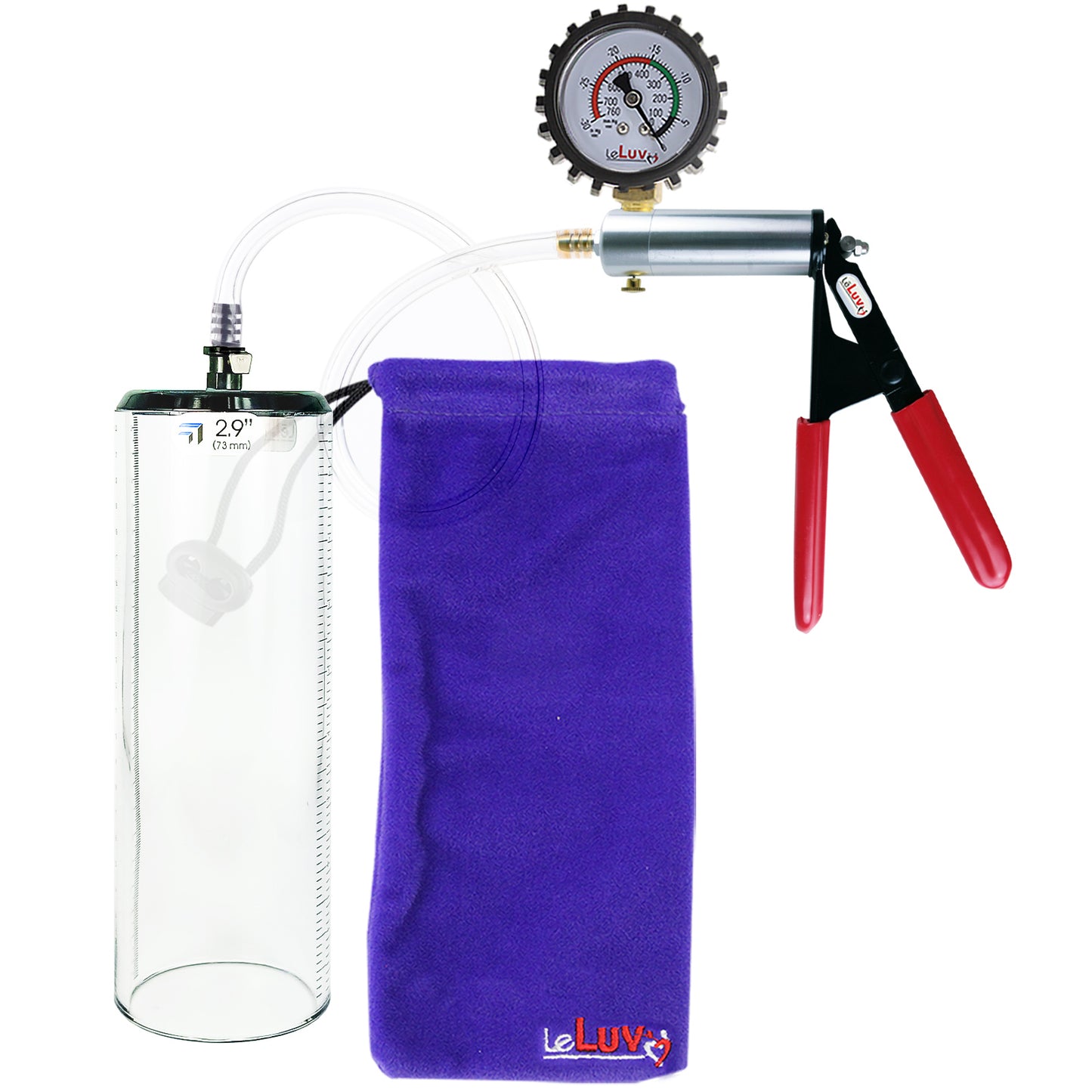 Ultima Silver Red Penis Pump | Rubber Grip, Clear Hose + Protected Gauge | 9" x 2.9" Thick-Walled Cylinder