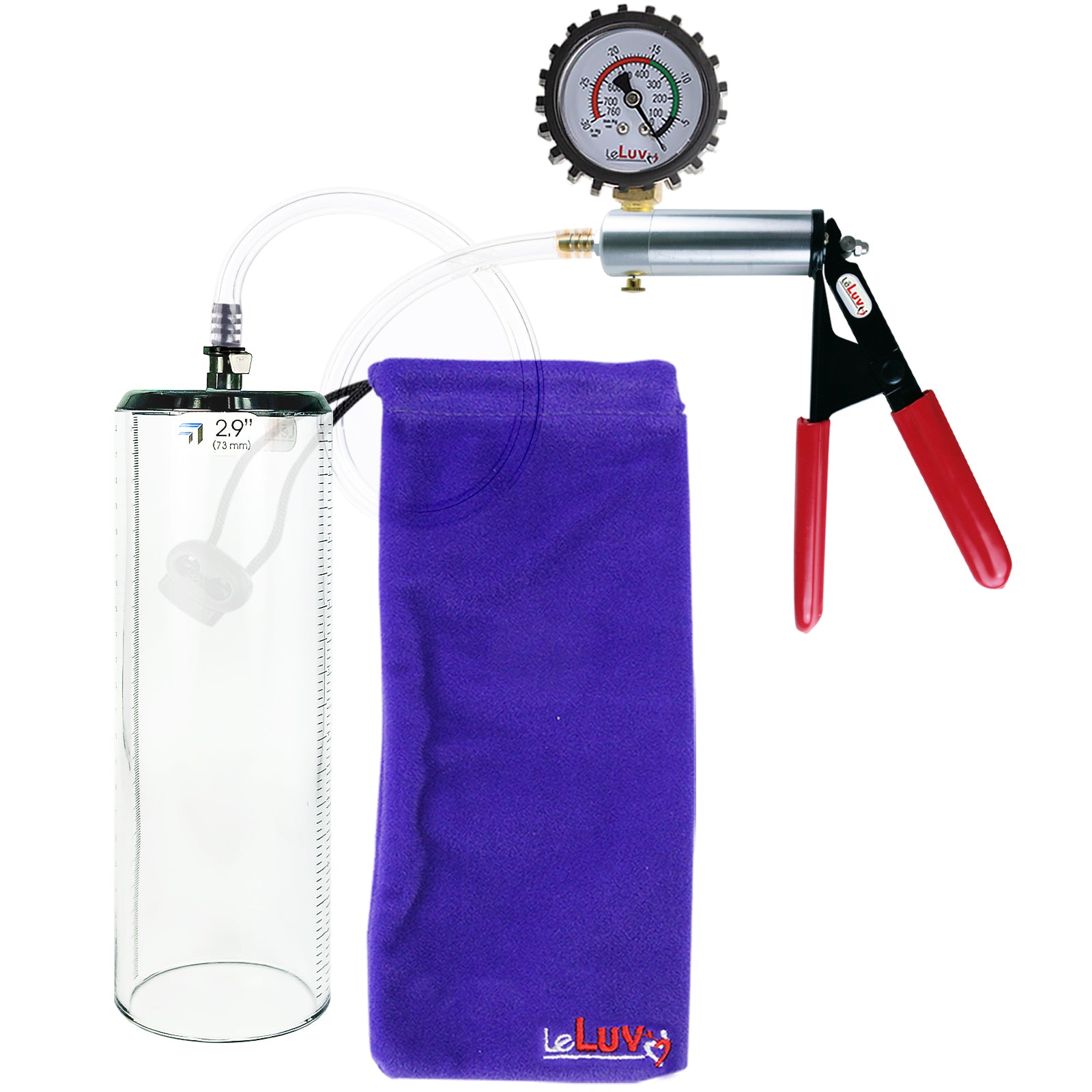 Ultima Silver Red Penis Pump | Rubber Grip, Clear Hose + Protected Gauge | 9" x 2.9" Thick-Walled Cylinder