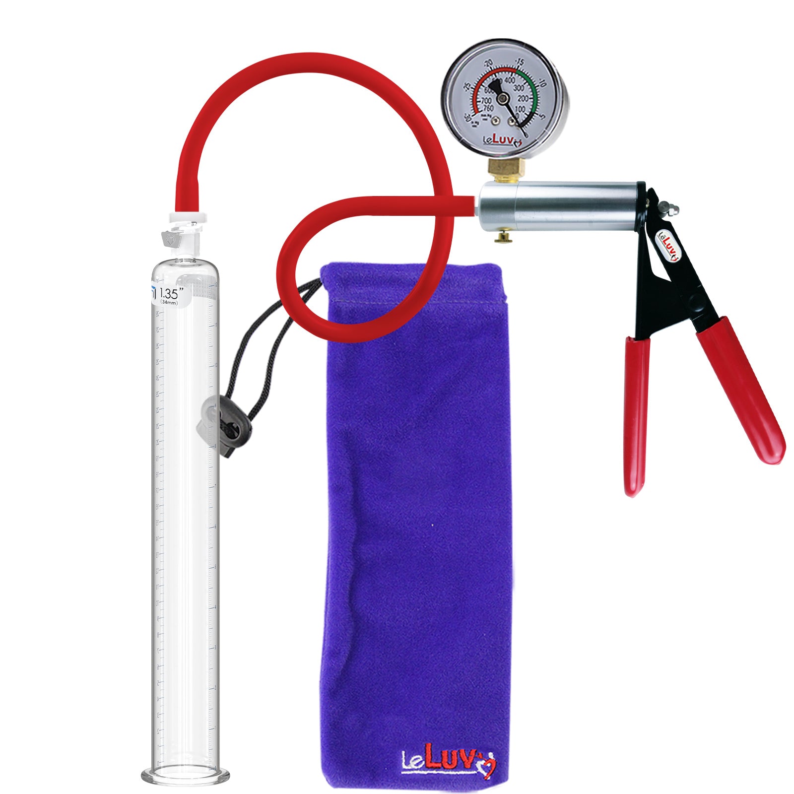 Ultima Silver Red Penis Pump | Rubber Grip, Silicone Hose + Gauge | 12" x 1.35" Cylinder