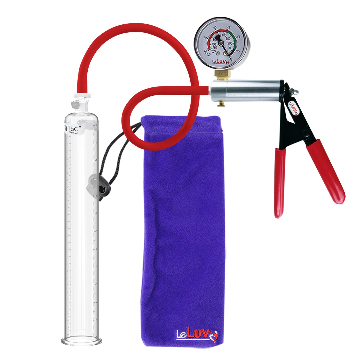 Ultima Silver Red Penis Pump | Rubber Grip, Silicone Hose + Gauge | 12" x 1.50" Cylinder