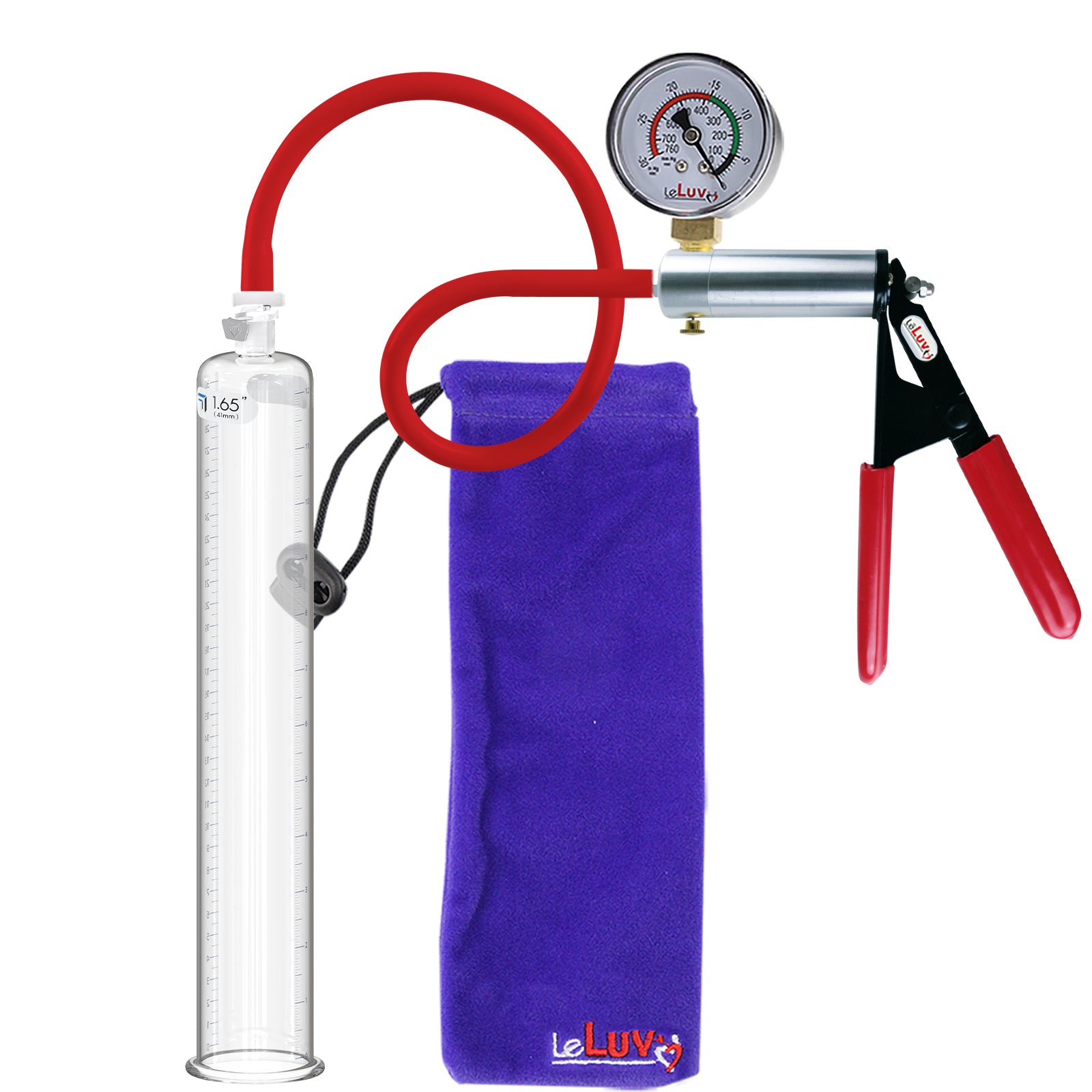 Ultima Silver Red Penis Pump | Rubber Grip, Silicone Hose + Gauge | 12" x 1.65" Cylinder 