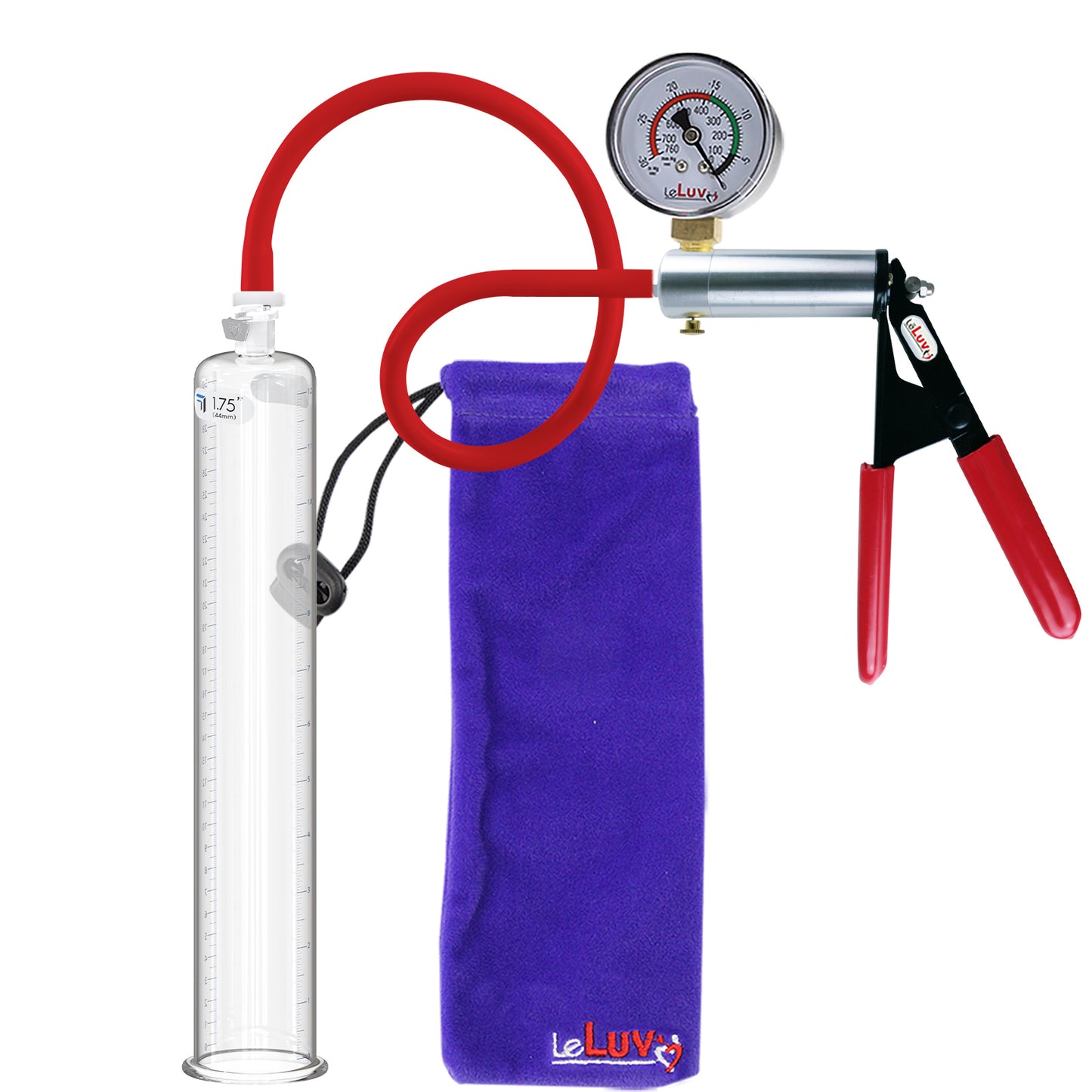 Ultima Silver Red Penis Pump | Rubber Grip, Silicone Hose + Gauge | 12" x 1.75" Cylinder
