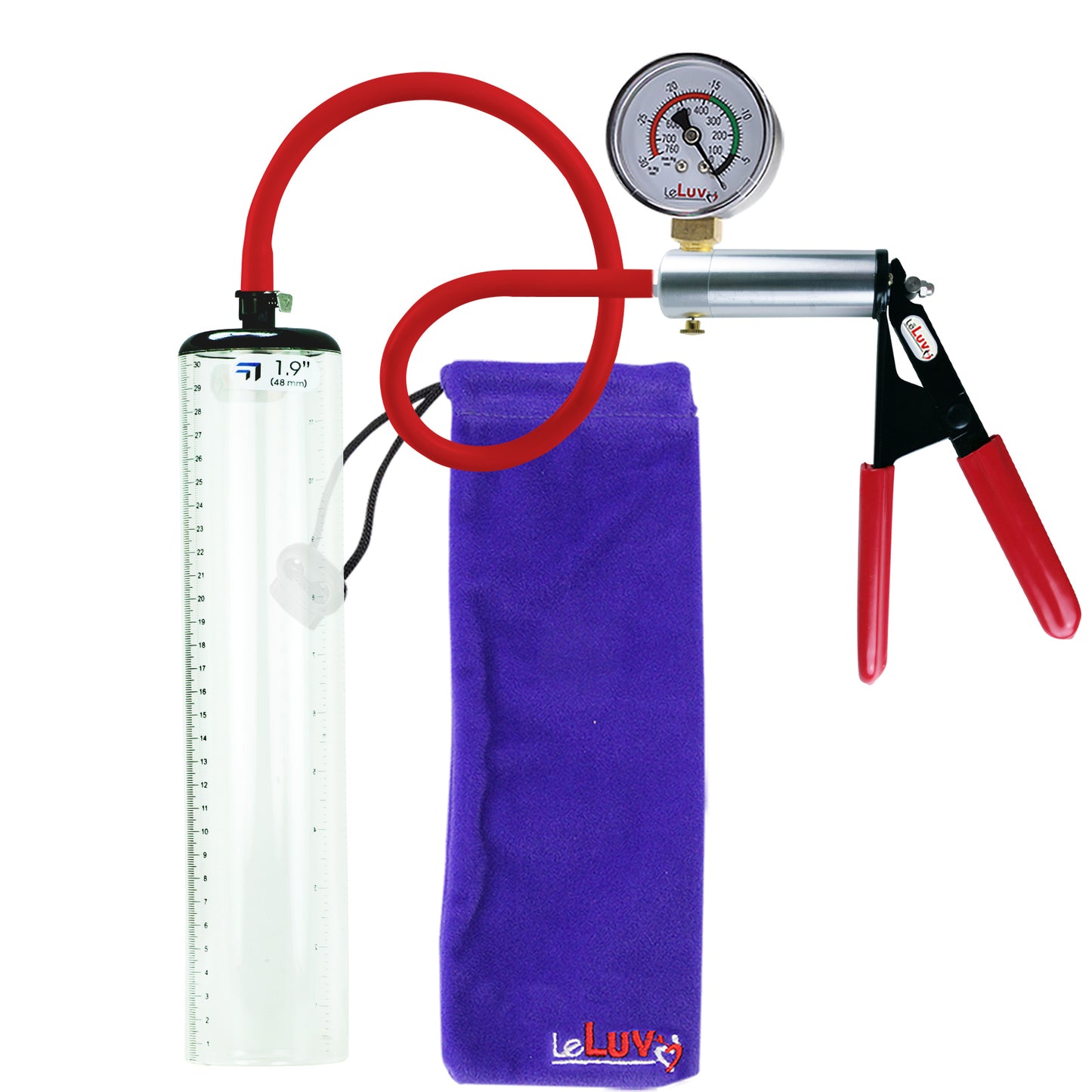Ultima Silver Red Penis Pump | Rubber Grip, Silicone Hose + Gauge | 12" x 1.9" Thick-Walled Cylinder