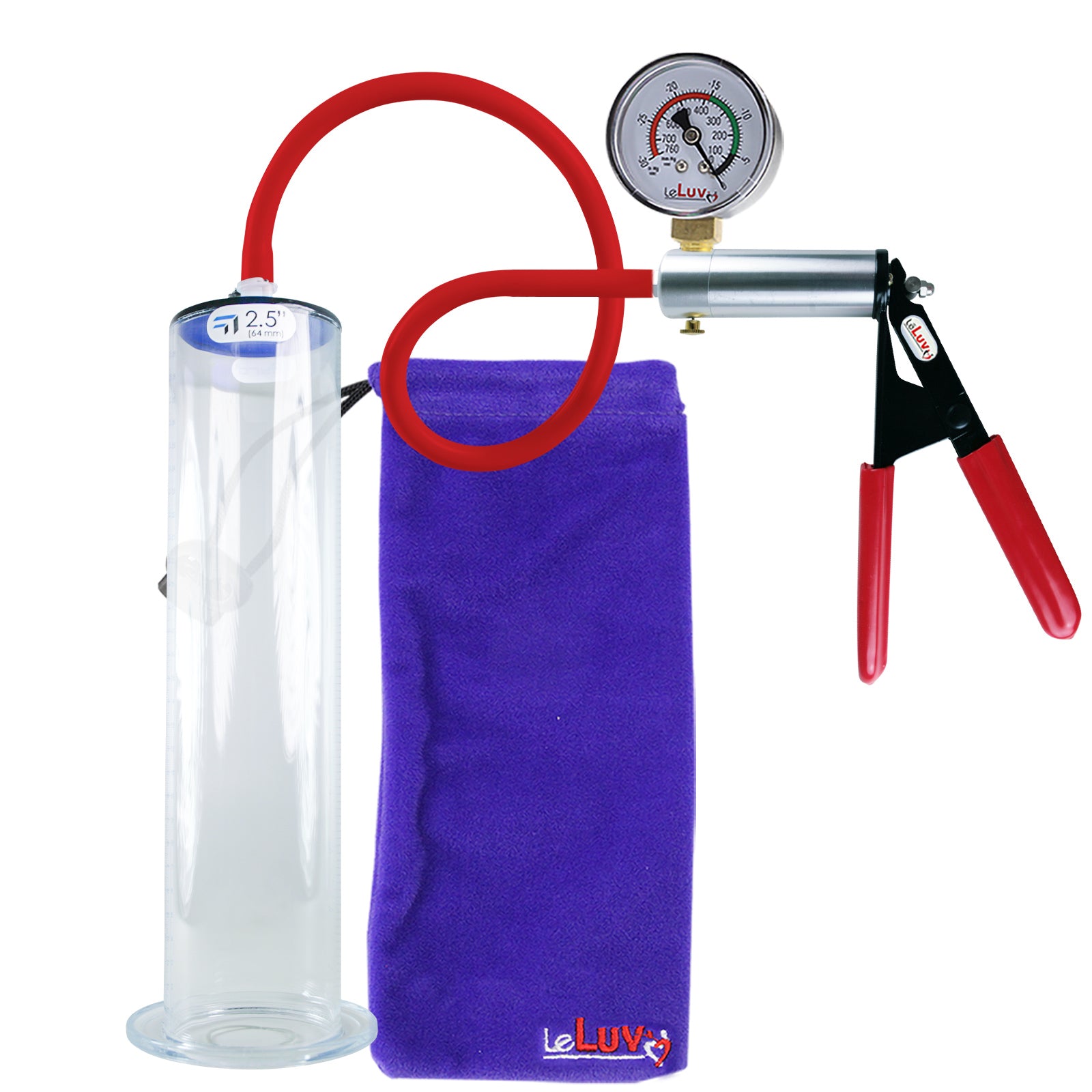 Ultima Silver Red Penis Pump | Rubber Grip, Silicone Hose + Gauge | 12" x 2.50" Wide Flange Cylinder