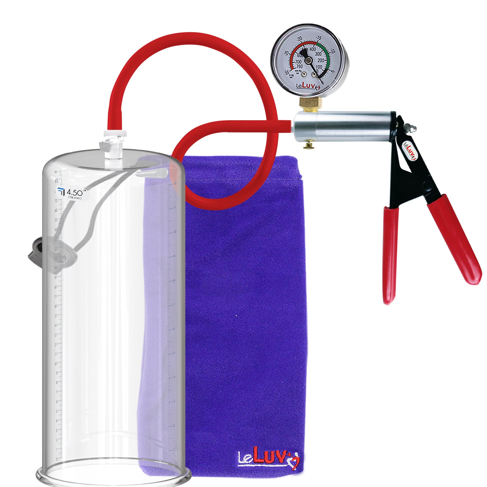 Ultima Silver Red Penis Pump | Rubber Grip, Silicone Hose + Gauge | 12" x 4.50" Cylinder 