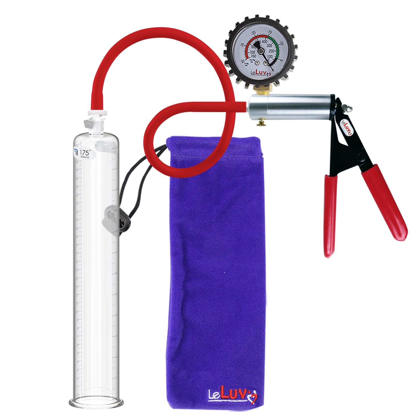 Ultima Silver Red Penis Pump | Rubber Grip, Silicone Hose + Protected Gauge | 12" x 1.75"