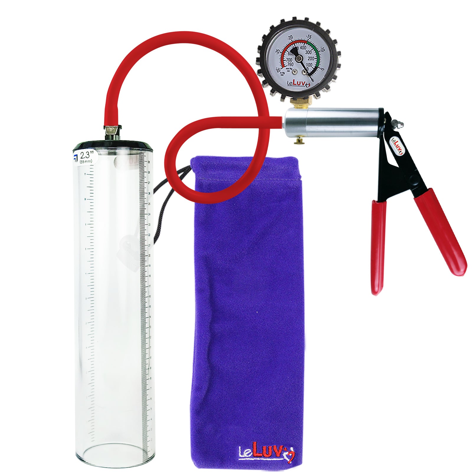 Ultima Silver Red Penis Pump | Rubber Grip, Silicone Hose + Protected Gauge | 12" x 2.3" Thick-Walled Cylinder