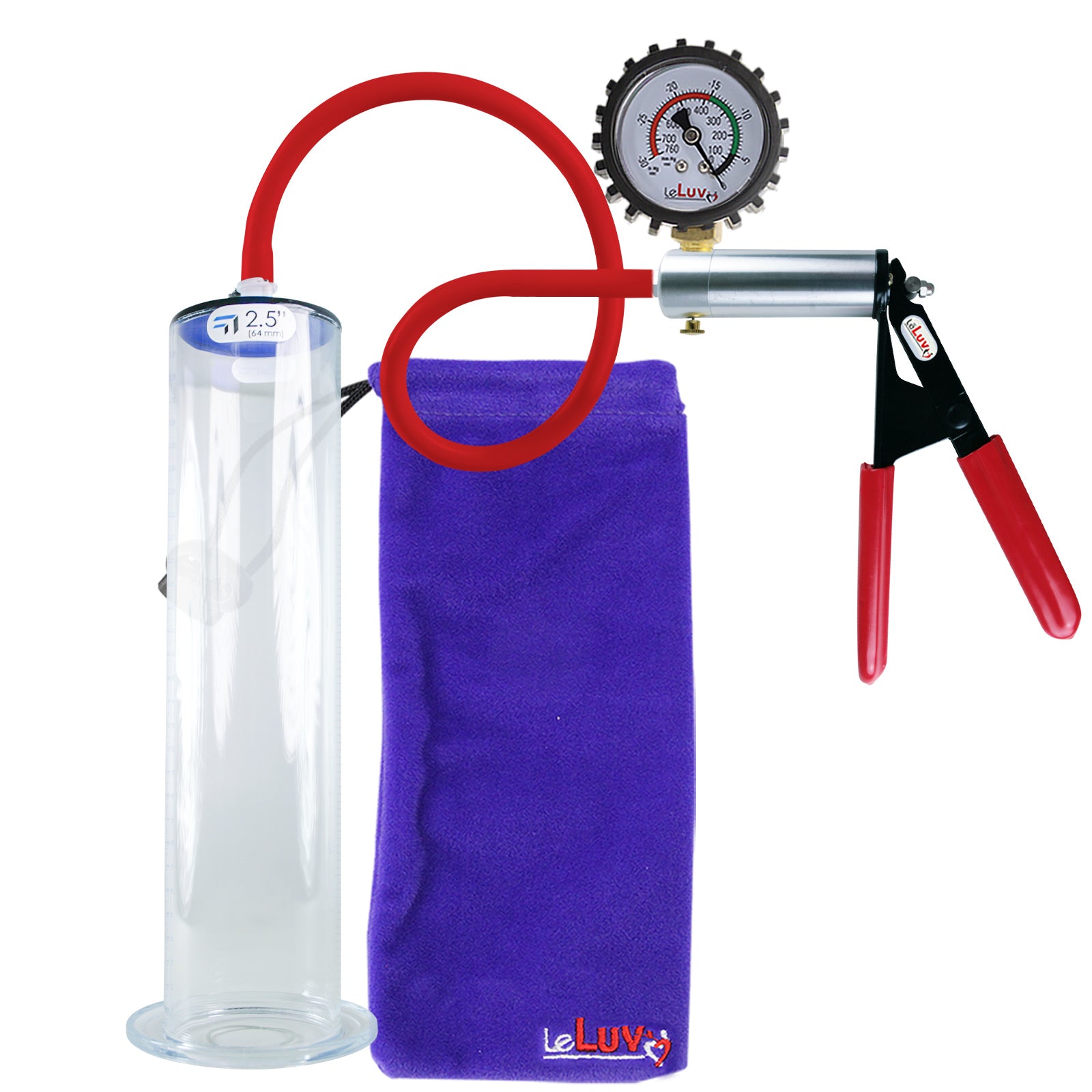 Ultima Silver Red Penis Pump | Rubber Grip, Silicone Hose + Protected Gauge | 12" x 2.50" Wide Flange Cylinder