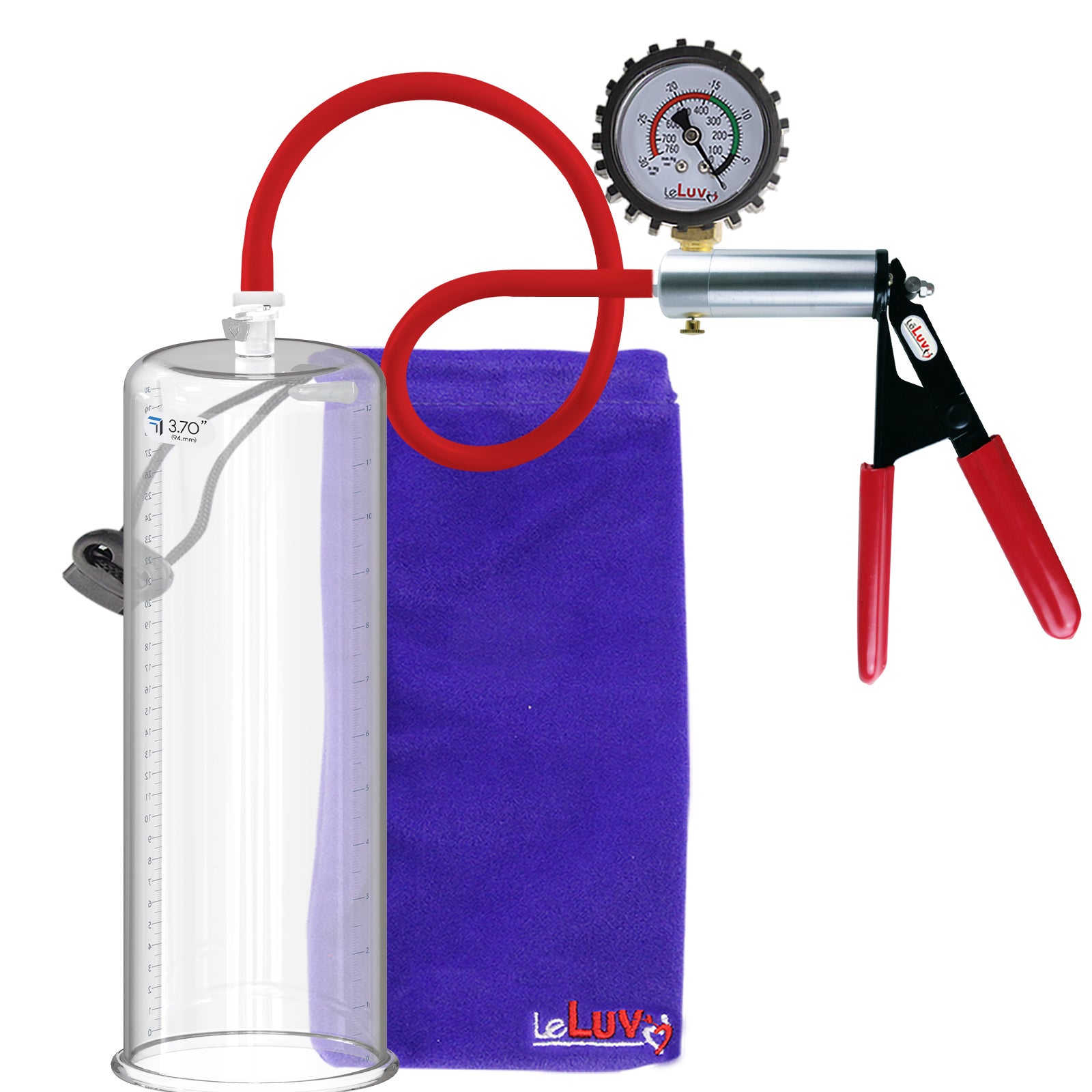 Ultima Silver Red Penis Pump | Rubber Grip, Silicone Hose + Protected Gauge | 9" x 3.70"