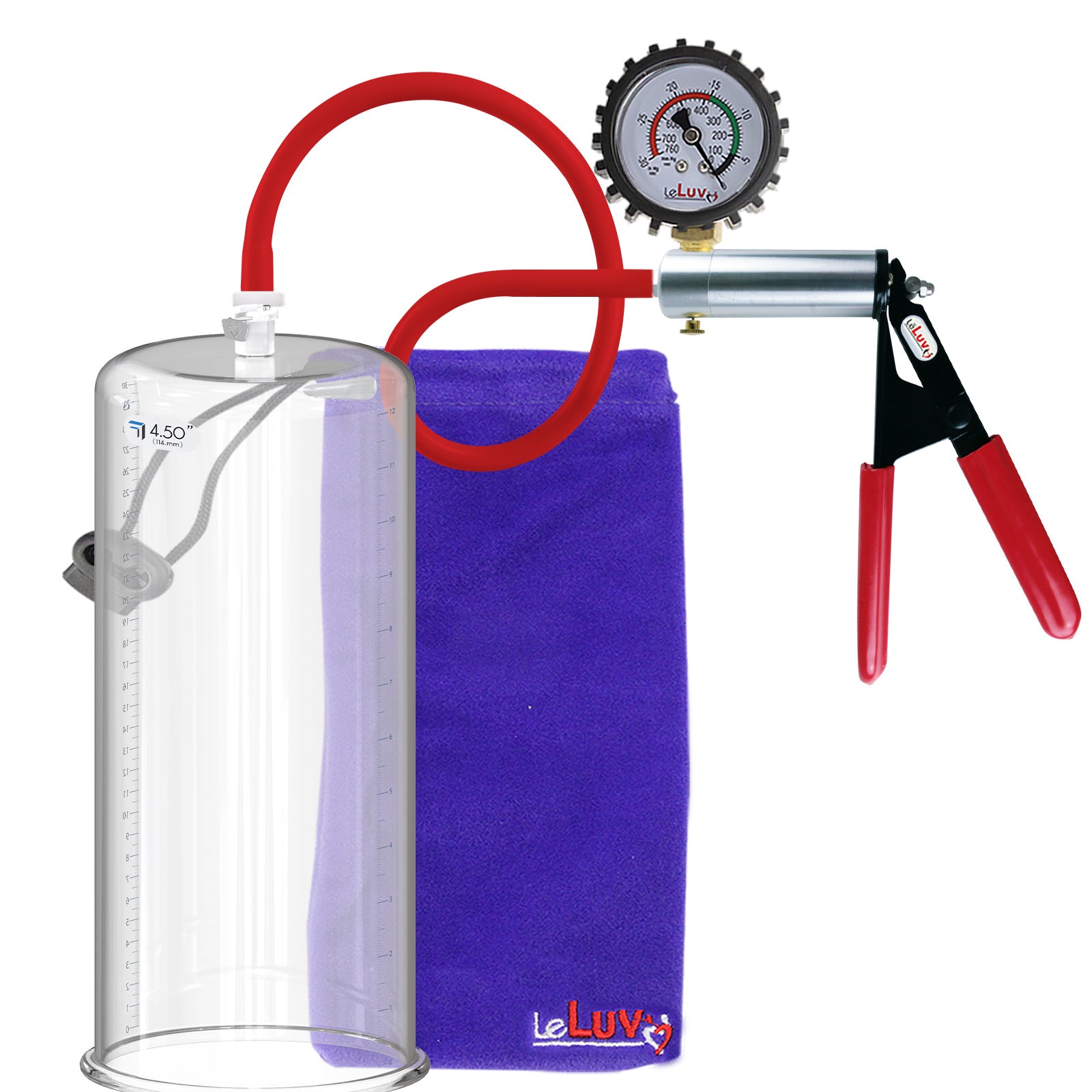 Ultima Silver Red Penis Pump | Rubber Grip, Silicone Hose +  Protected Gauge | 9" x 4.50" Cylinder 