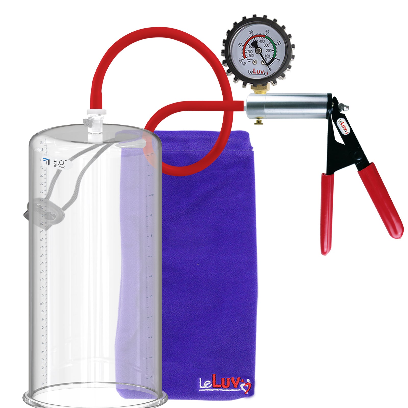 Ultima Silver Red Penis Pump | Rubber Grip, Silicone Hose +  Protected Gauge | 9" x 5.00" Cylinder 