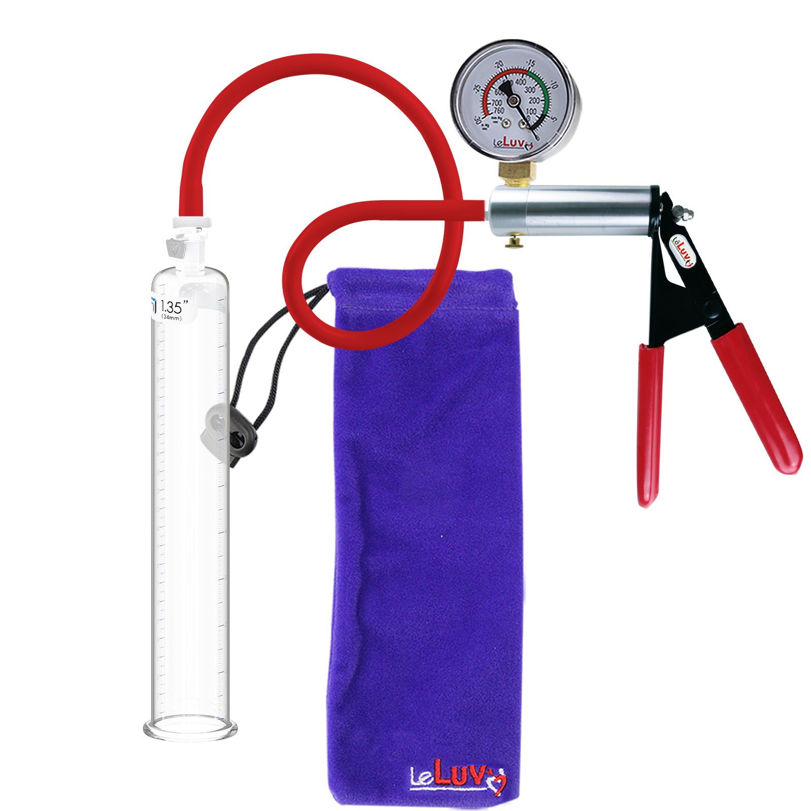 Ultima Silver Red Penis Pump | Rubber Grip, Silicone Hose + Gauge | 9" x 1.35" Cylinder