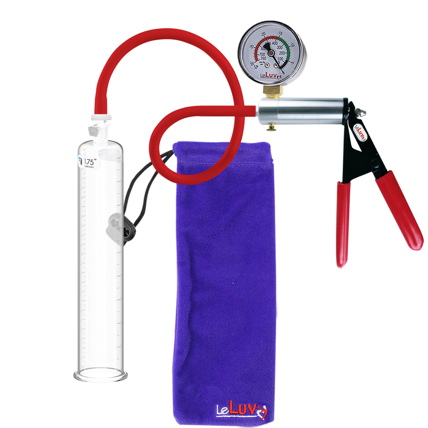 Ultima Silver Red Penis Pump | Rubber Grip, Silicone Hose + Gauge | 9" x 1.75" Cylinder