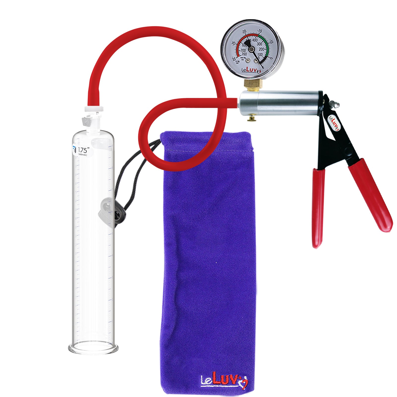 Ultima Silver Red Penis Pump | Rubber Grip, Silicone Hose + Gauge | 9" x 1.75" Cylinder