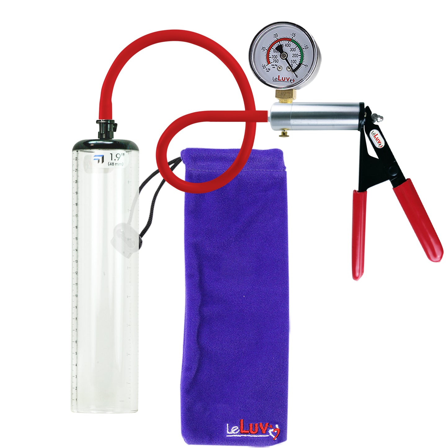 Ultima Silver Red Penis Pump | Rubber Grip, Silicone Hose + Gauge | 9" x 1.9" Thick-Walled Cylinder