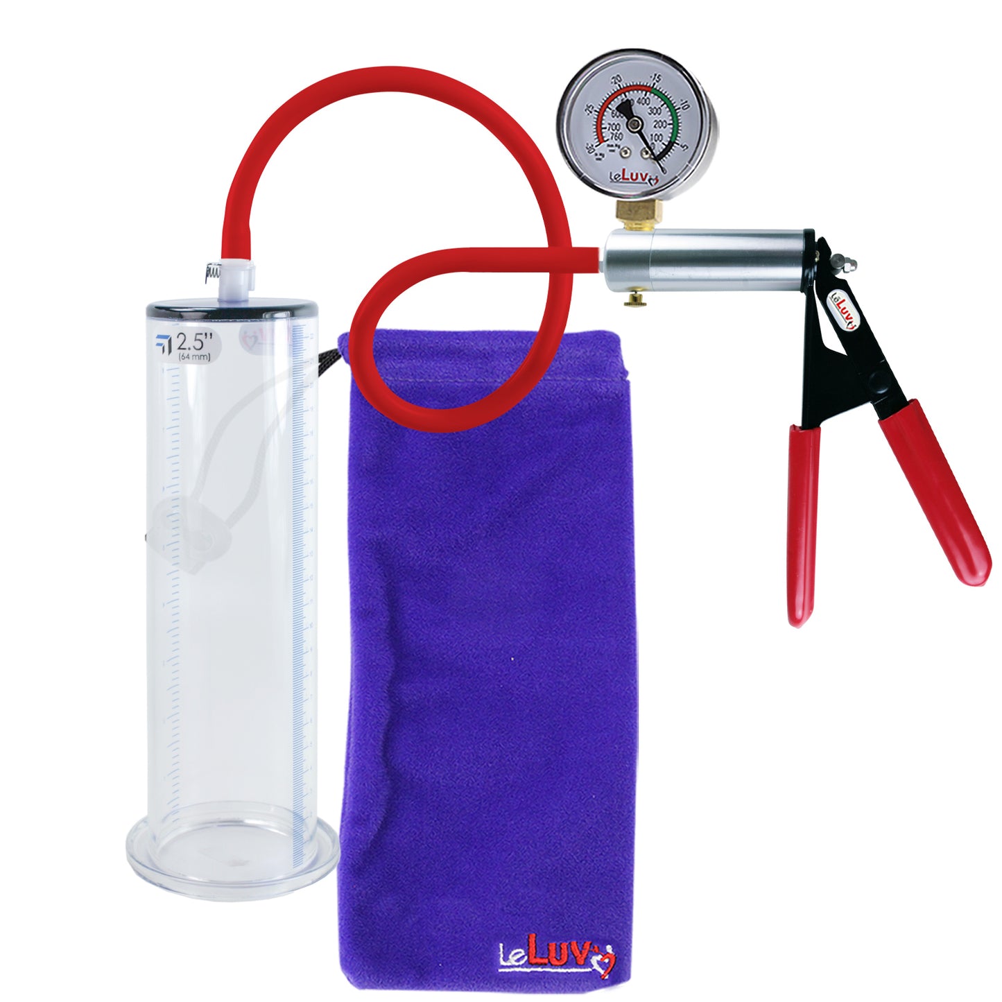 Ultima Silver Red Penis Pump | Rubber Grip, Silicone Hose + Gauge | 9" x 2.50" Wide Flange Cylinder