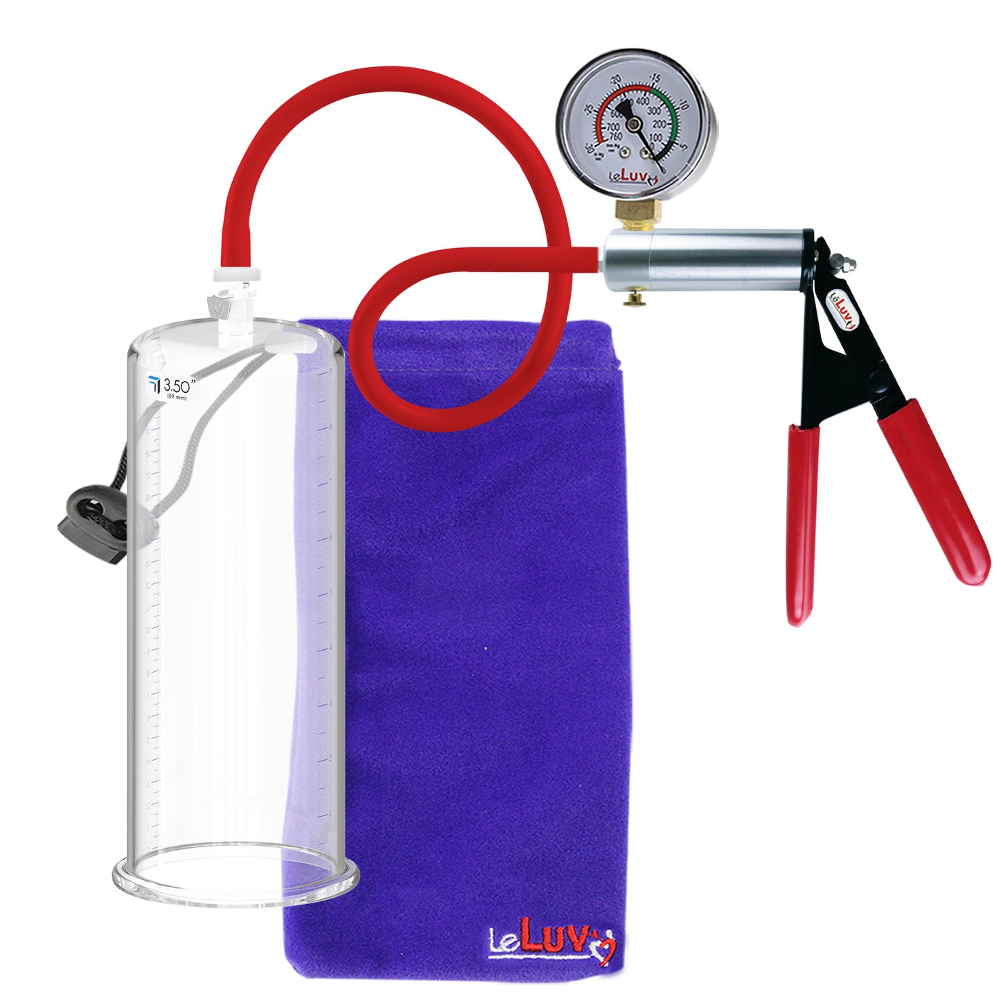 Ultima Silver Red Penis Pump | Rubber Grip, Silicone Hose + Gauge | 9" x 3.50" Cylinder
