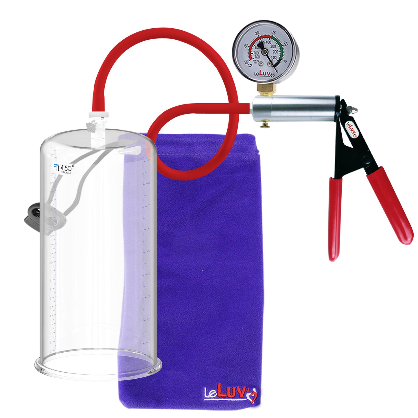 Ultima Silver Red Penis Pump | Rubber Grip, Silicone Hose + Gauge | 9" x 4.50" Cylinder 