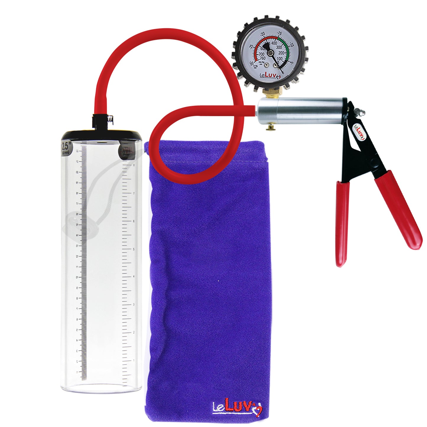 Ultima Silver Red Penis Pump | Rubber Grip, Silicone Hose + Protected Gauge | 9" x 2.5" Thick-Walled Cylinder