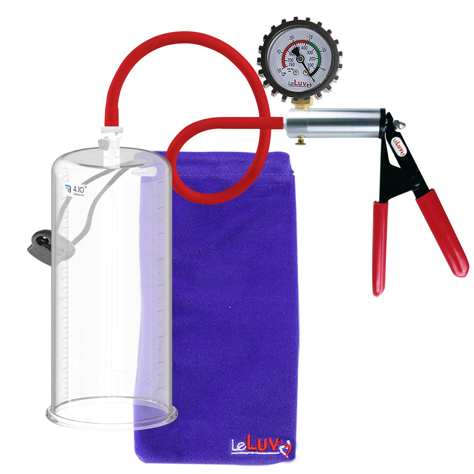Ultima Silver Red Penis Pump | Rubber Grip, Silicone Hose + Protected Gauge | 9" x 4.10" Cylinder 
