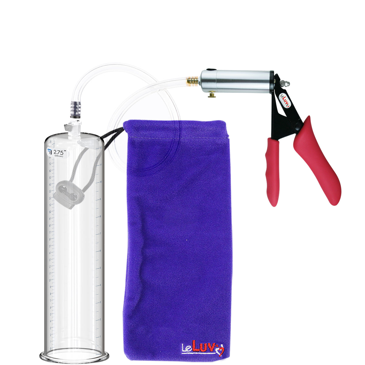 Silver Ultima Penis Pump | Red Silicone Grip, Clear Hose | 12" Length - 2.75" Cylinder Diameter