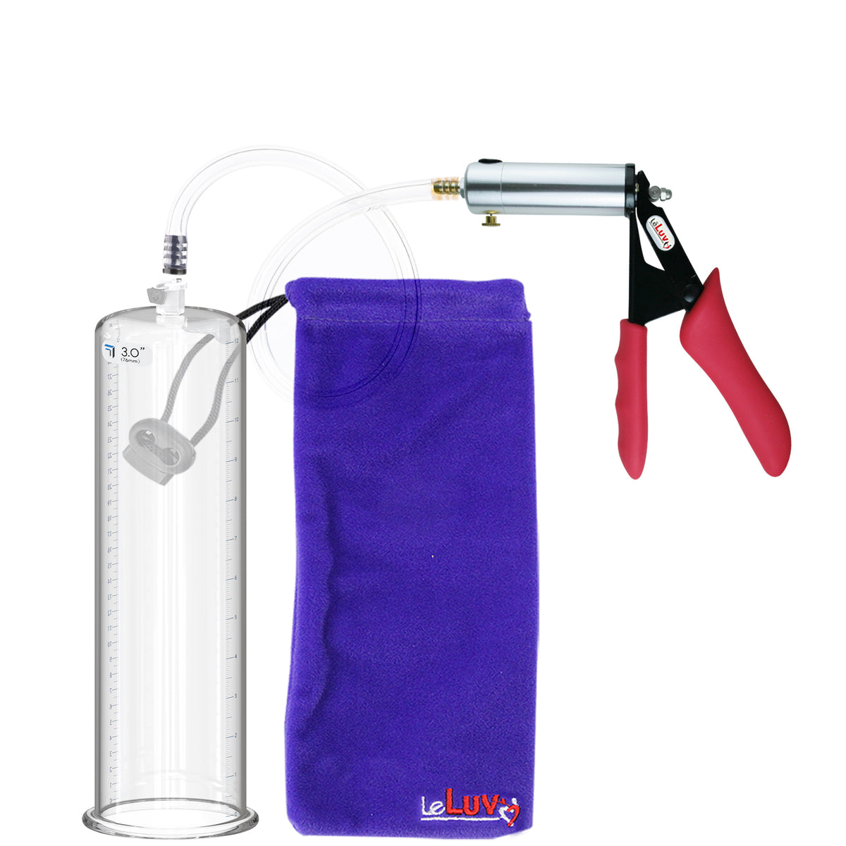 Silver Ultima Penis Pump | Red Silicone Grip, Clear Hose | 12" Length - 3.00" Cylinder Diameter