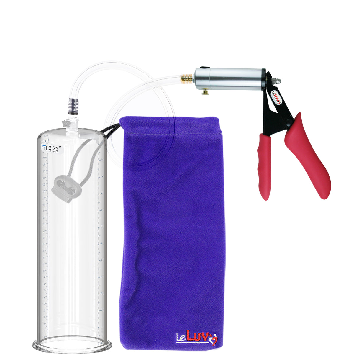 Silver Ultima Penis Pump | Red Silicone Grip, Clear Hose | 12" Length - 3.25" Cylinder Diameter
