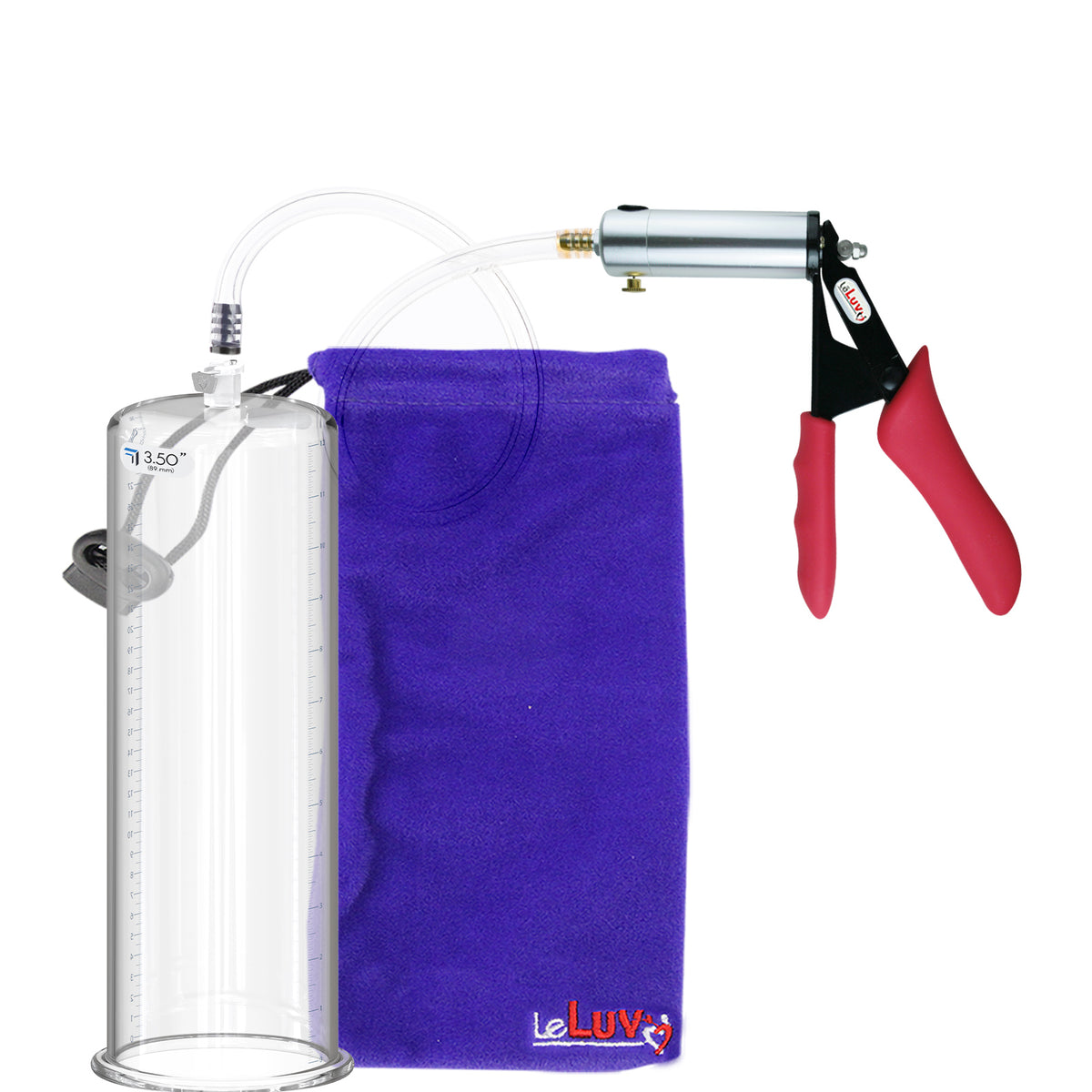 Silver Ultima Penis Pump | Red Silicone Grip, Clear Hose | 12" Length - 3.50" Cylinder Diameter