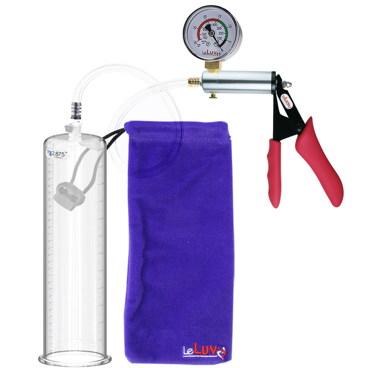 Silver Ultima Penis Pump | Red Silicone Grip, Clear Hose + Gauge | 12" Length x 2.875" Cylinder Diameter