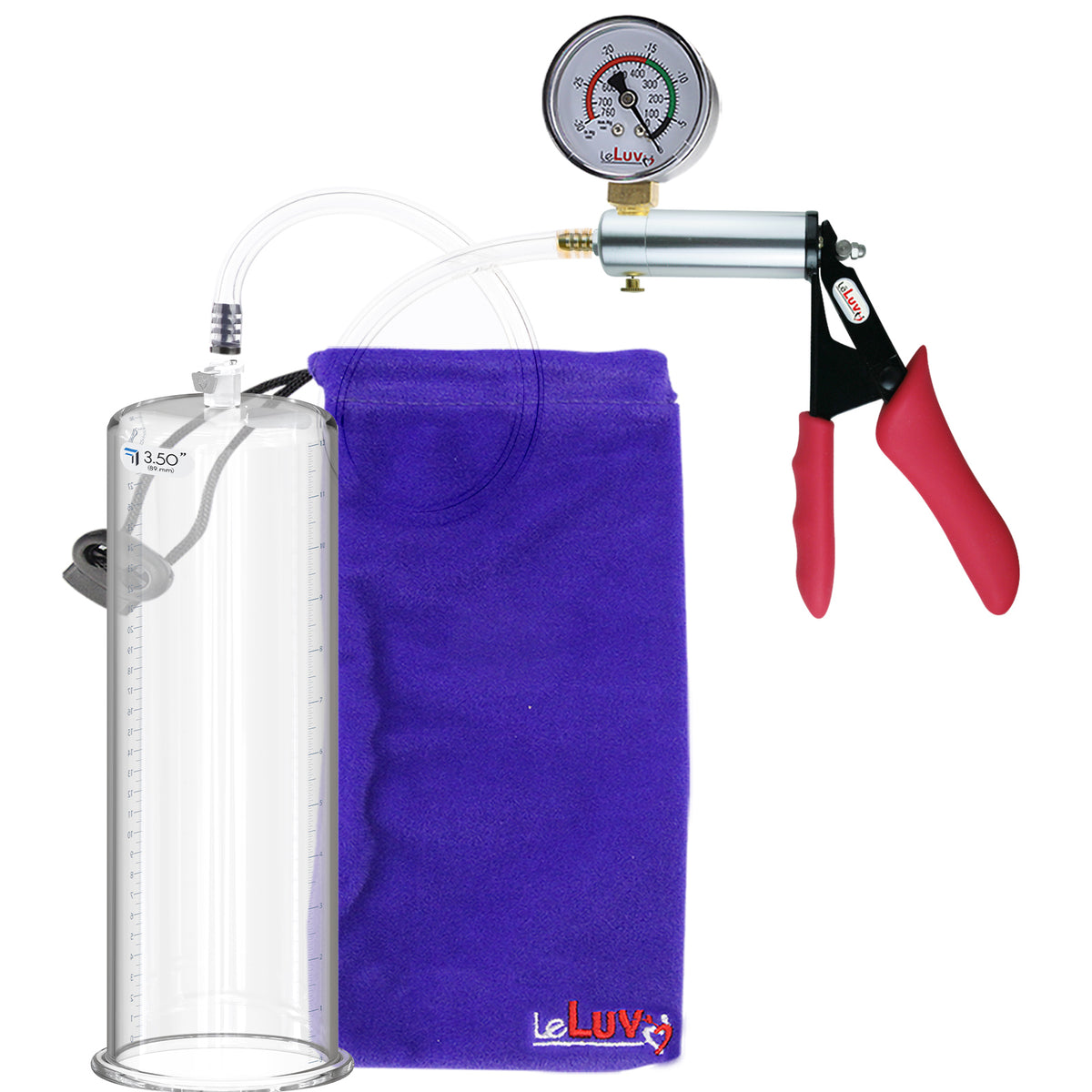 Silver Ultima Penis Pump | Red Silicone Grip, Clear Hose + Gauge | 12" Length x 3.50" Cylinder Diameter